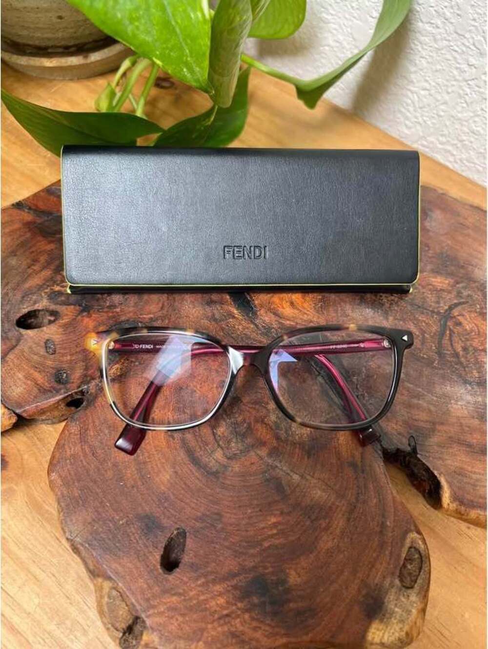 FENDI Glasses Frames with Black Yellow Trim Case Tortoise Front Magenta Arms